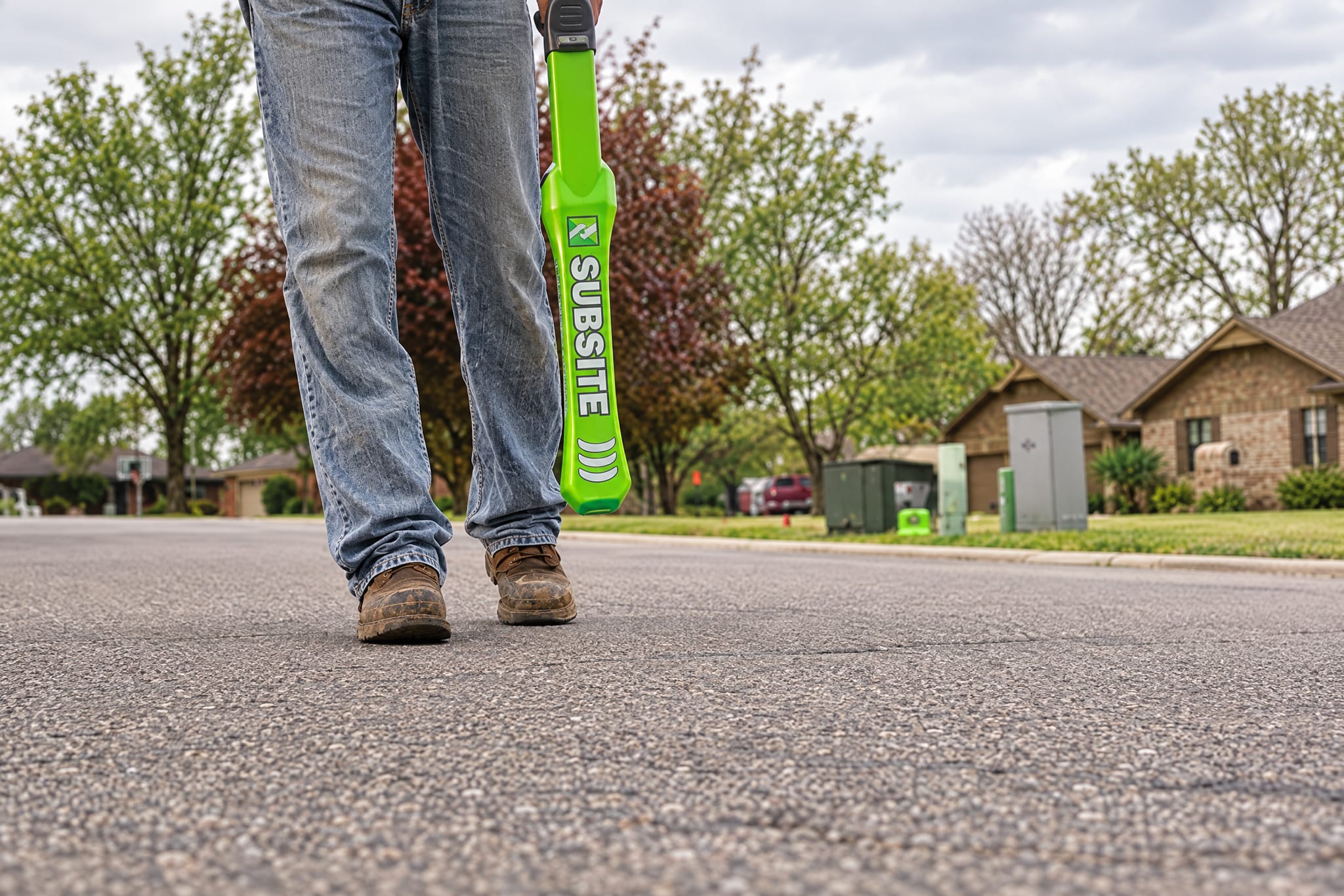 Locate technician walking a residential street with a handheld utility locator