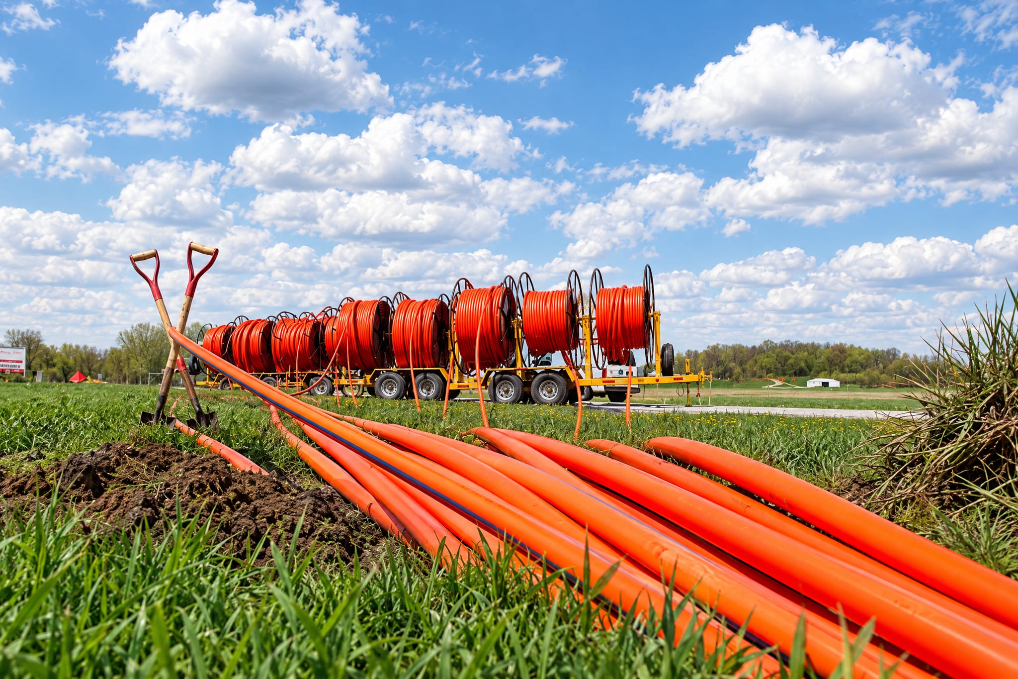 Orange conduit reels on trailers and conduit laid out beside an open trench