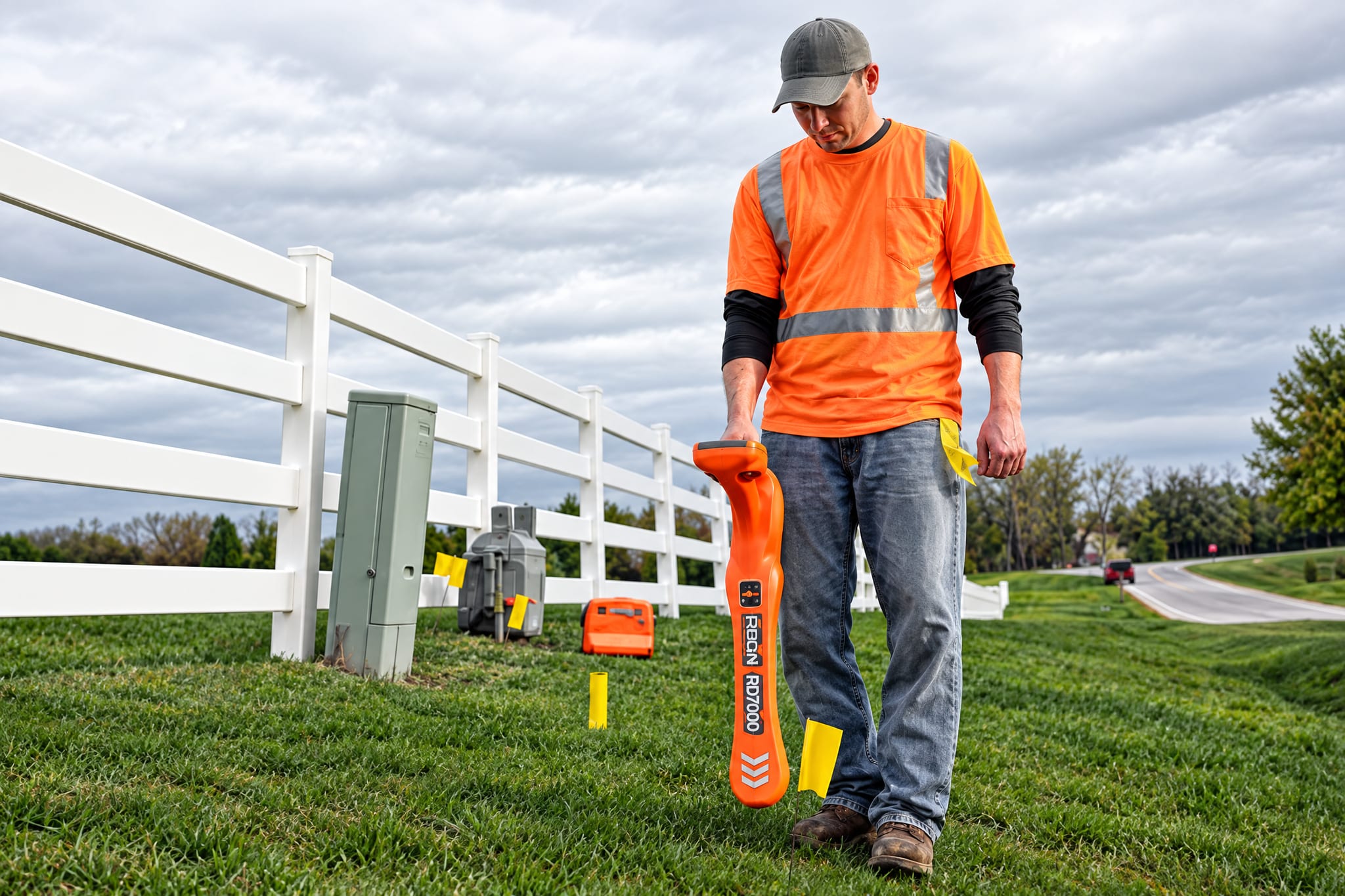 Technician in high-visibility gear sweeping a lawn with a utility locator
